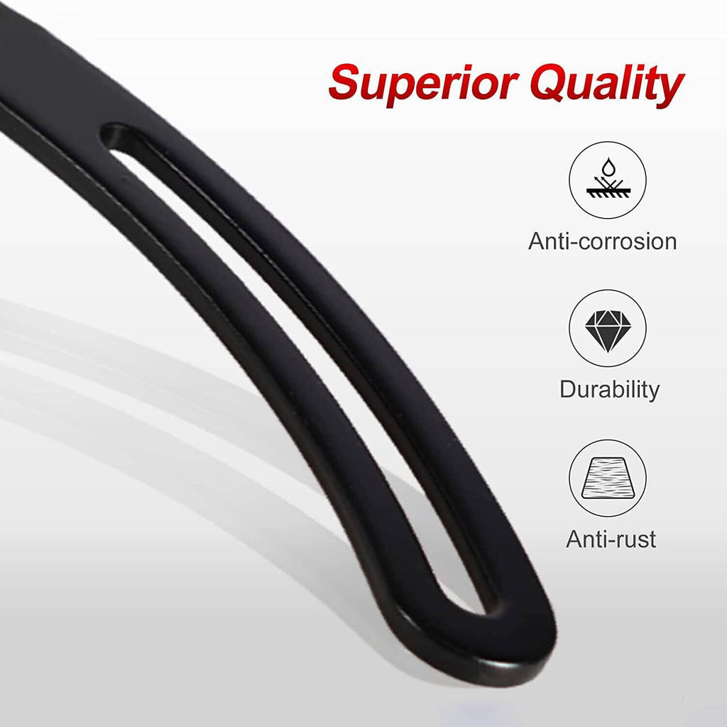 Black curved alternator bracket strap with smooth finish and mounting holes