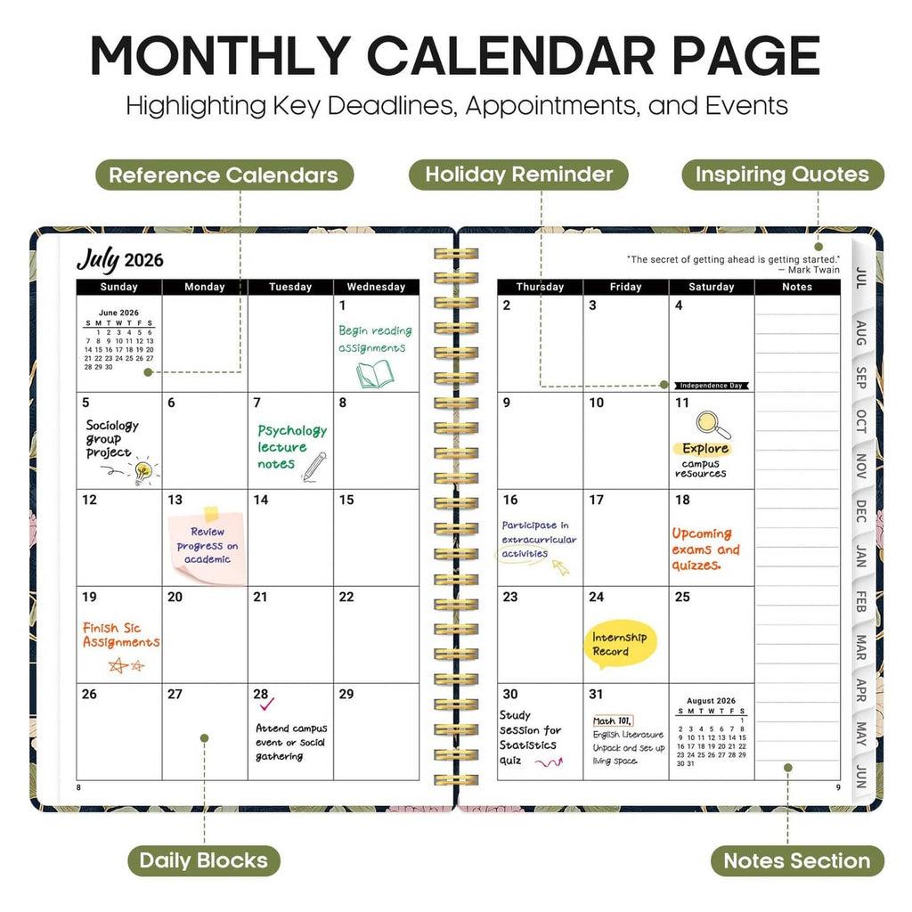 Monthly calendar planner page with highlighted key dates, reference calendars, notes