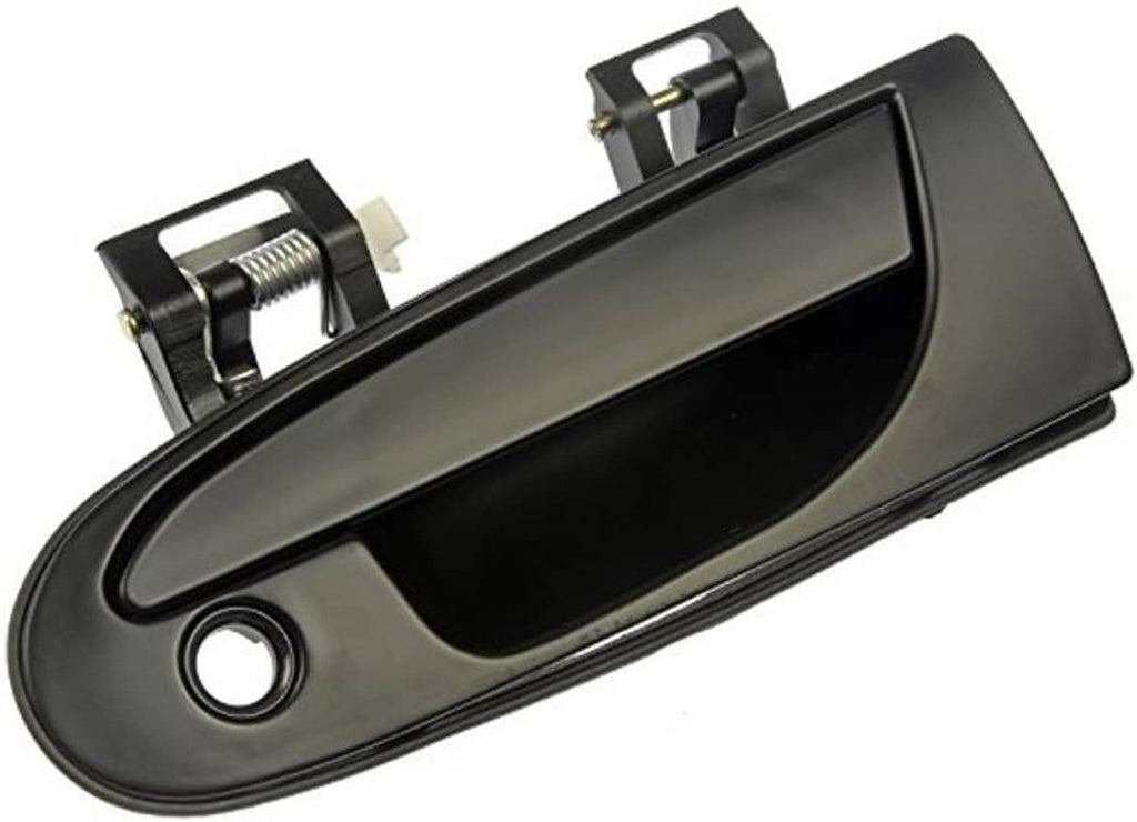 Front exterior door handle, dark smooth cover with round lock hole and mounting clips