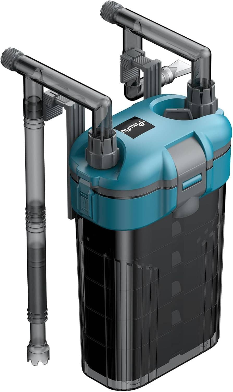 Ultra-quiet hang-on-back aquarium filter with blue canister and dual intake pipes