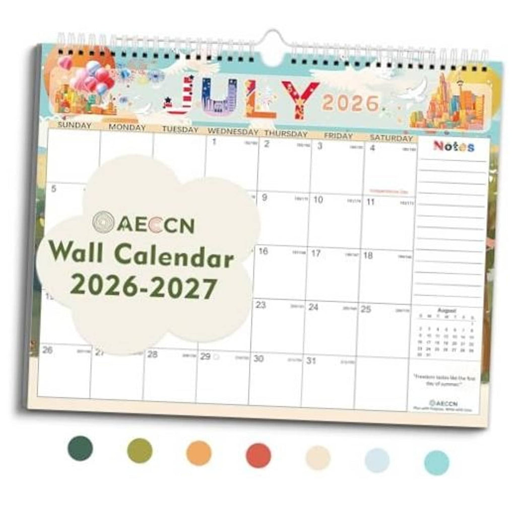 Spiral-bound wall calendar with colorful 2026–2027 month grid and notes section