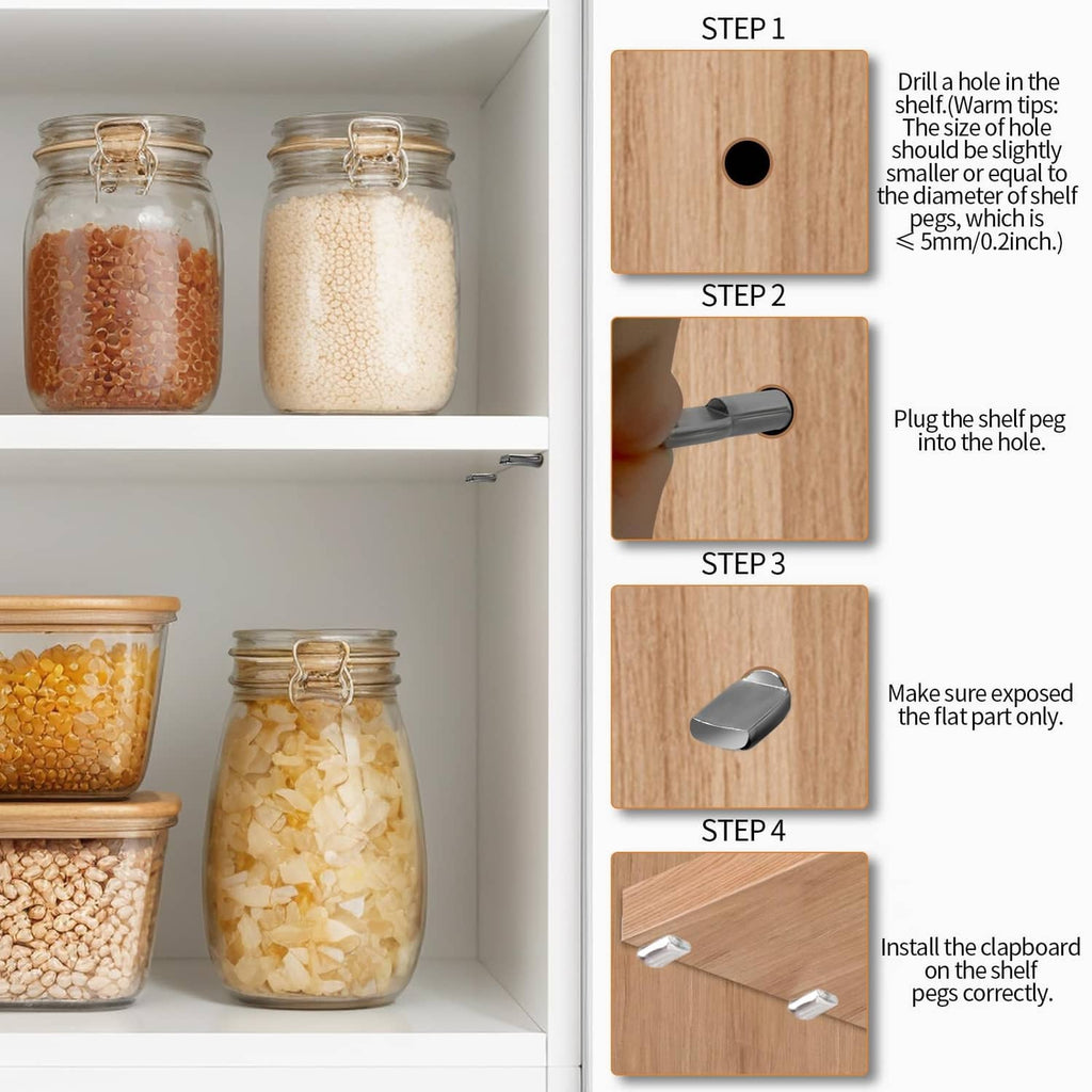 Silver shelf peg pins installation steps showing drilling and plugging into wood
