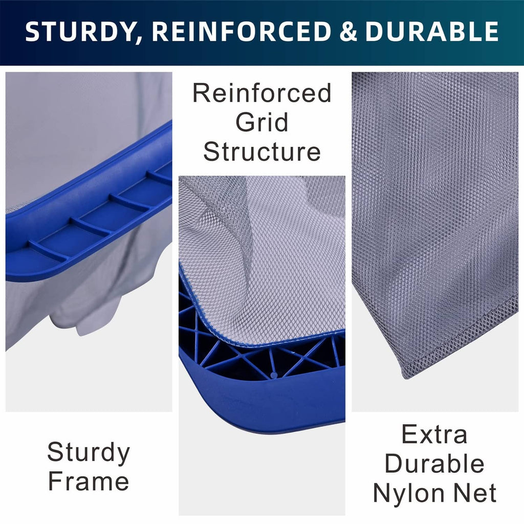 Reinforced pool skimmer net with durable nylon mesh bag and navy frame