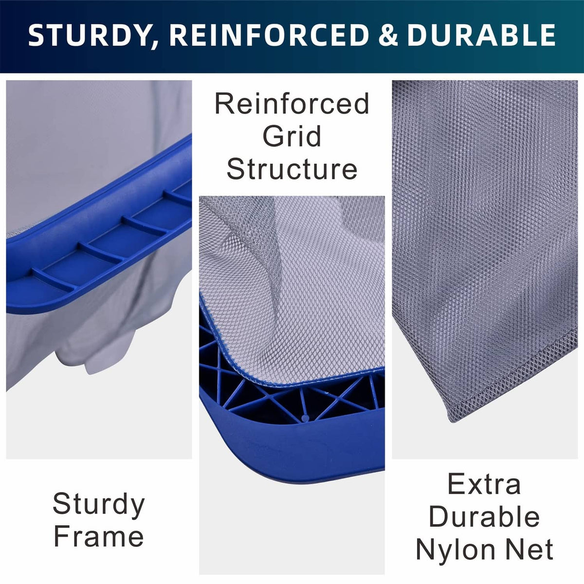 Reinforced pool skimmer net with durable nylon mesh bag and navy frame