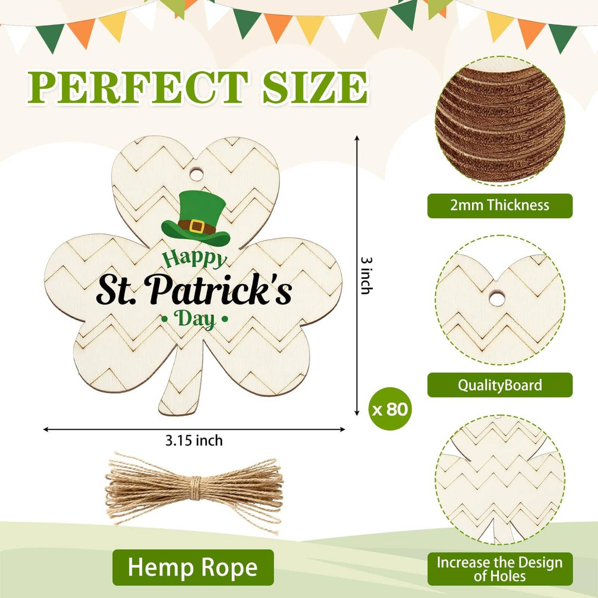 80 wooden shamrock ornaments, 3.15 in each; 2mm thick; includes hemp rope