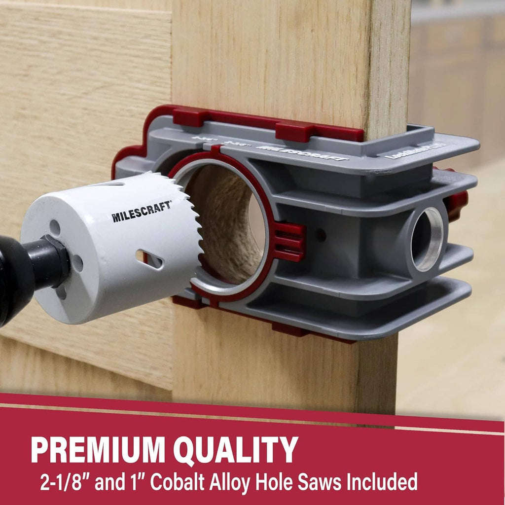 Door lock installation jig clamped to a wooden door with drill guide opening