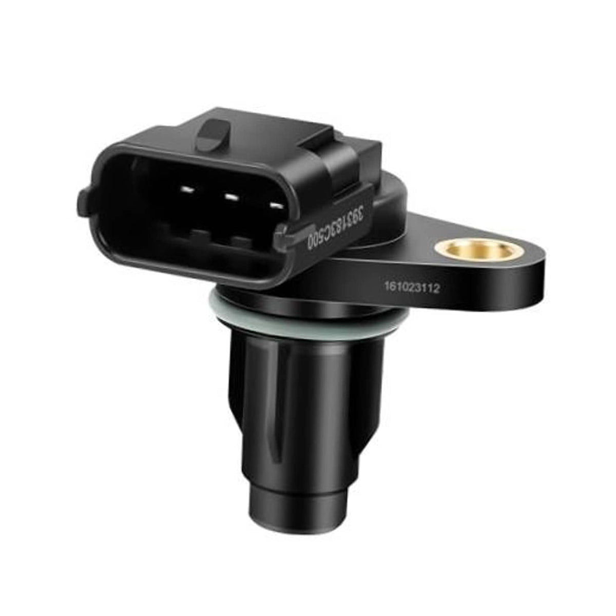 Camshaft position sensor with 3-pin electrical connector, black plastic body and mounting base