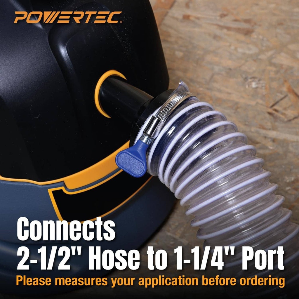 Close-up of vacuum hose connection with ribbed flexible adapter and blue clip