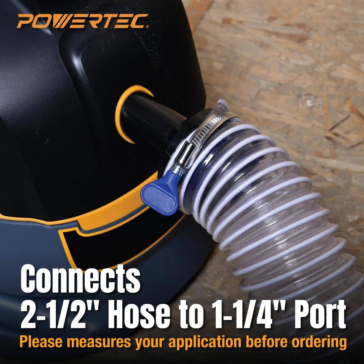 Close-up of vacuum hose connection with ribbed flexible adapter and blue clip