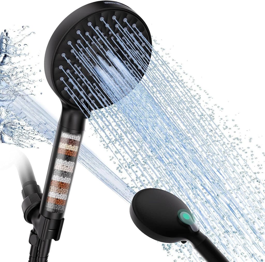 Matte black handheld shower head with filtered spray and flexible hose