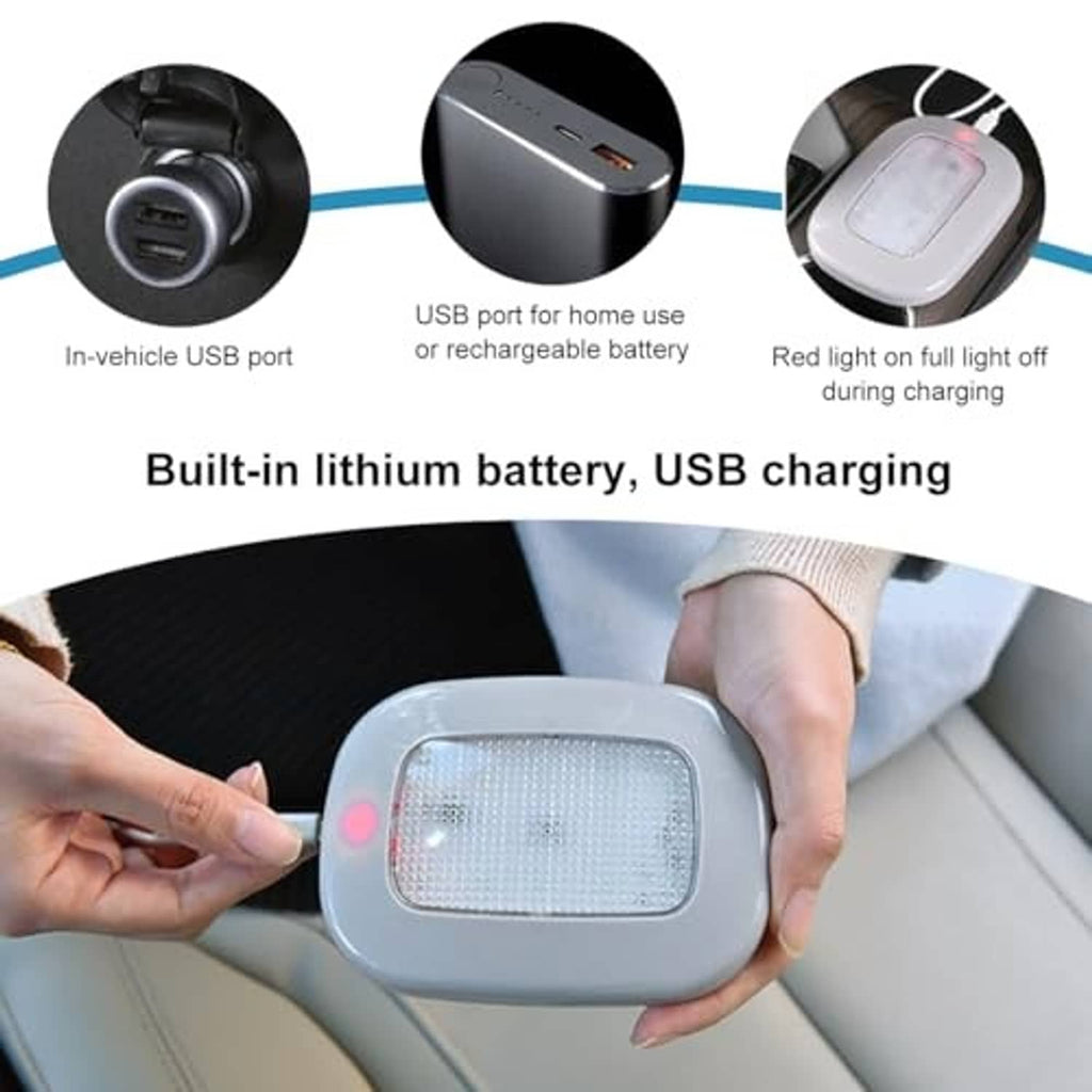 Dome LED car light with built-in battery, USB charging port, and included data cable.