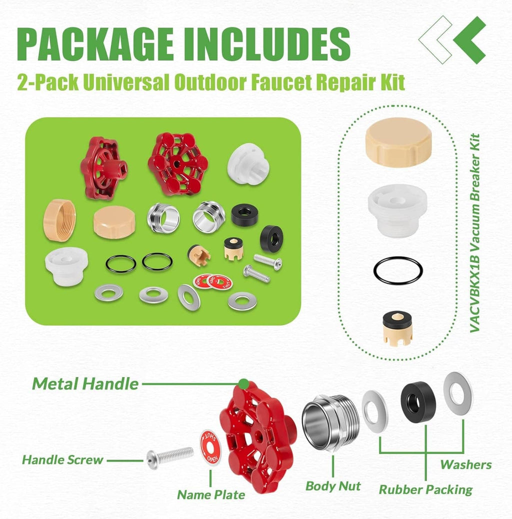 Outdoor faucet repair kit package contents: red valve parts, rings, white caps, screws