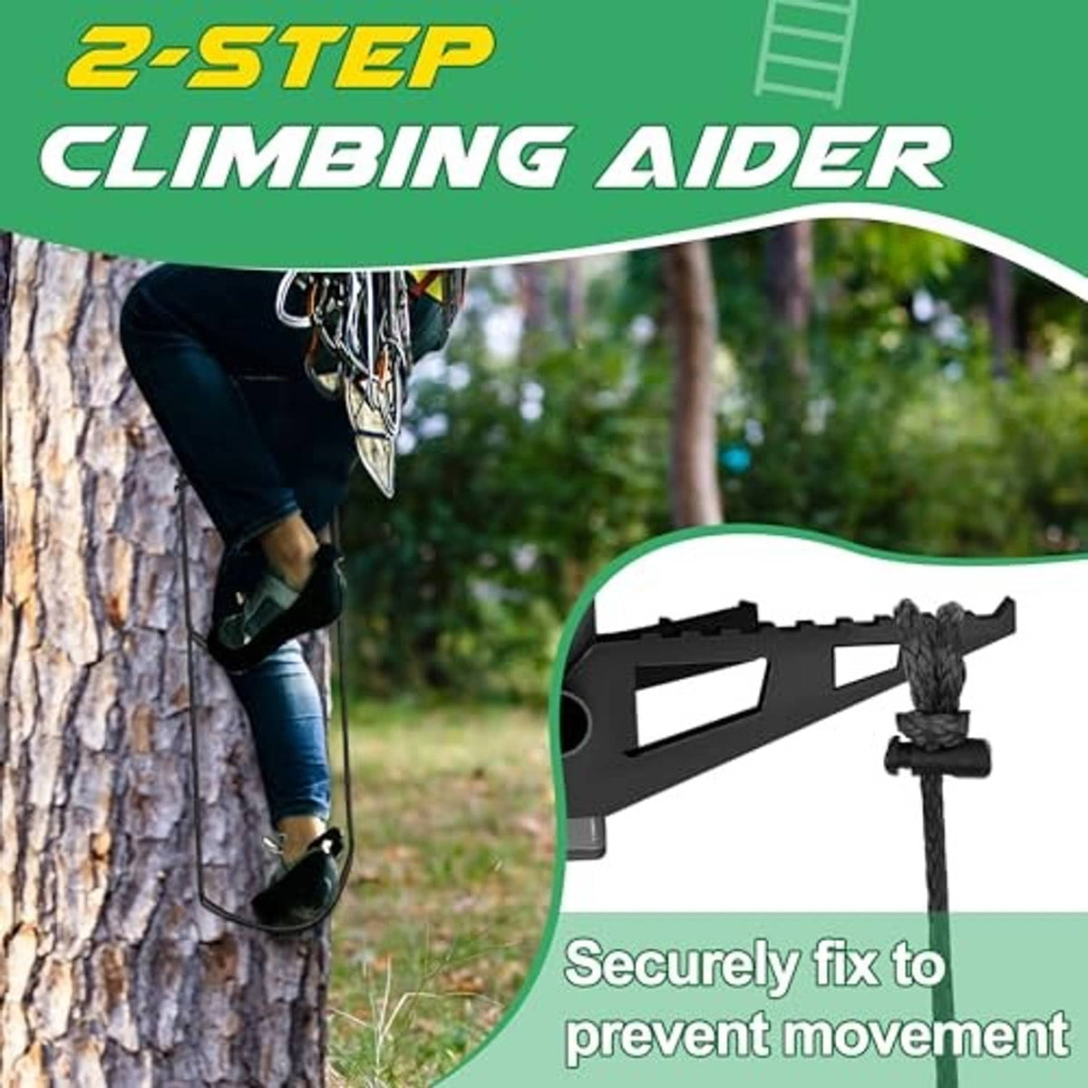 Climbing aider rope with two-step holders secured to a tree branch for climbing