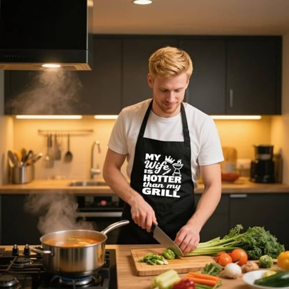 Man wearing black BBQ apron with humorous 'MY Wife is HOTTER than my GRILL' print