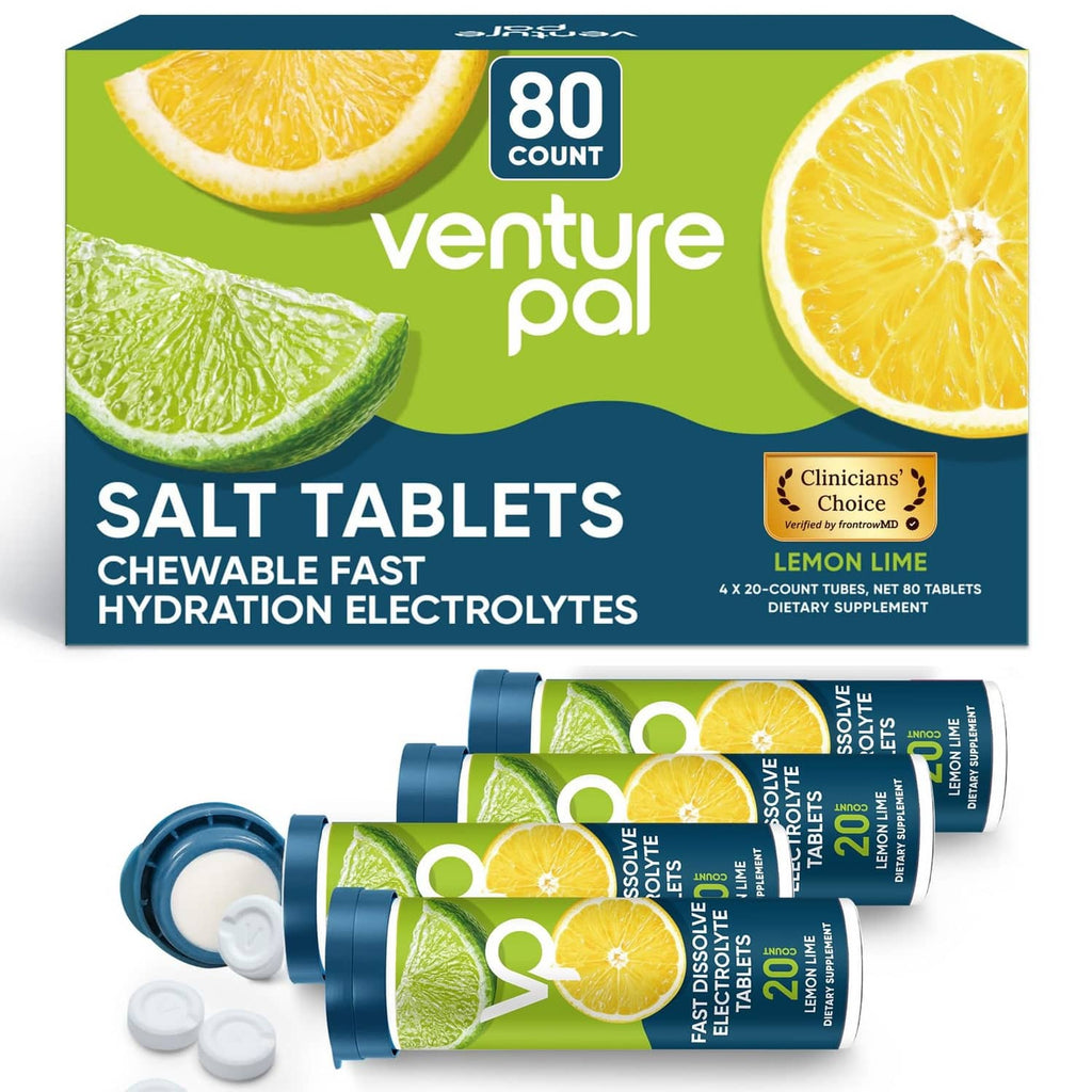 Venture Pal chewable electrolyte salt tablet box with lime and lemon graphics, 80 count