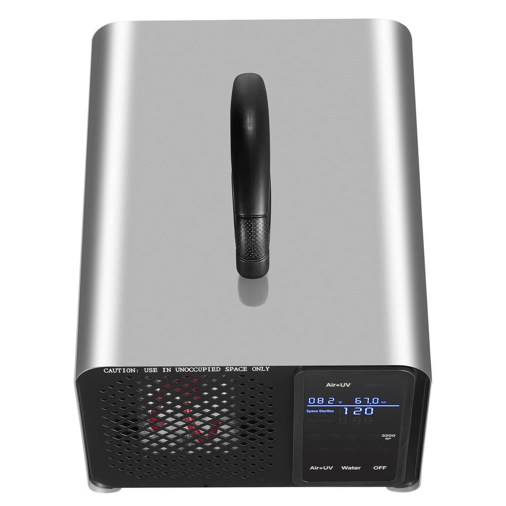 Ozone generator front view with vent grille and touchscreen showing Air+UV and water