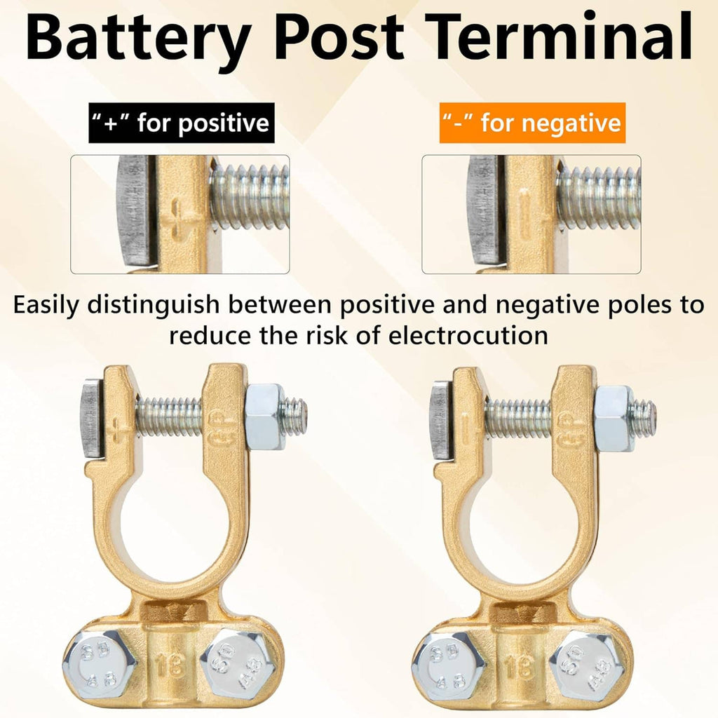 Two gold battery post terminal clamps with blue hex bolts and threaded screws