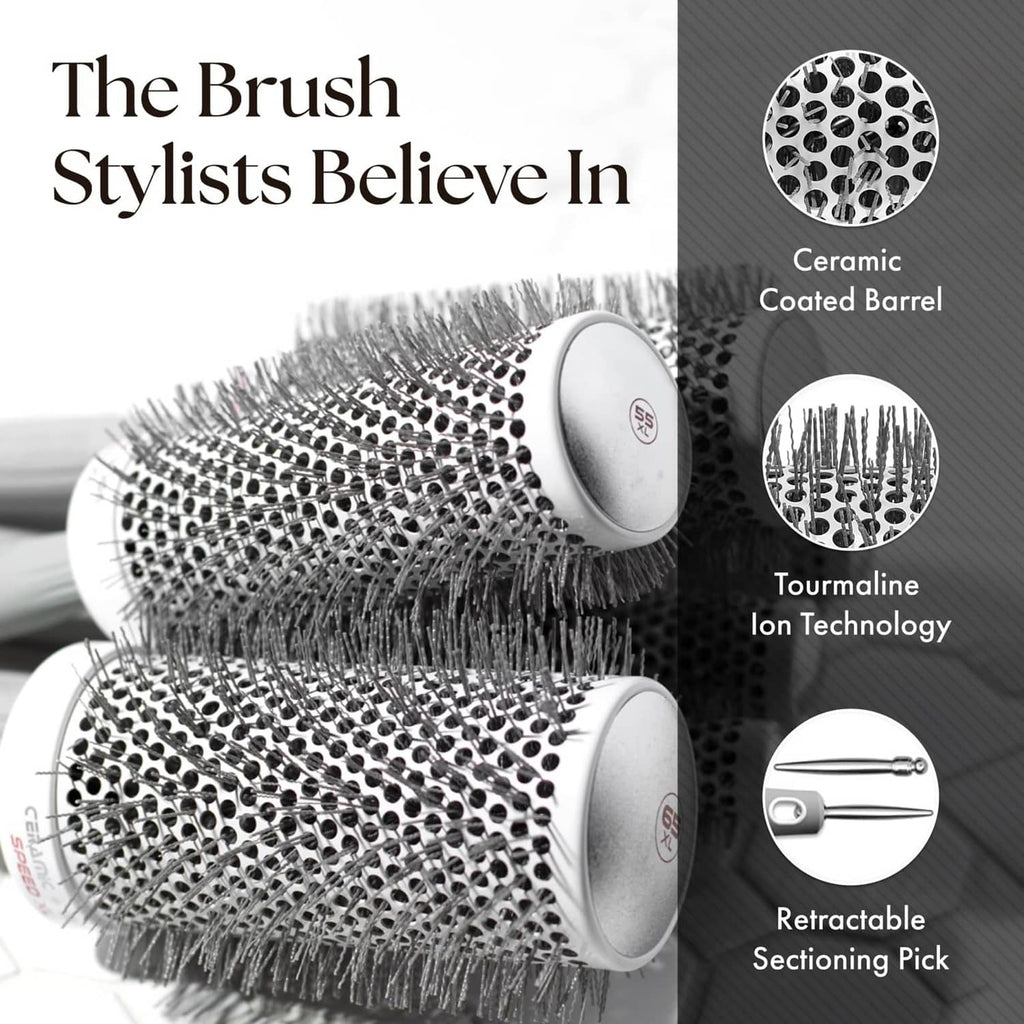 Ceramic-coated barrel hair brush with dense bristle tips and grey handle.