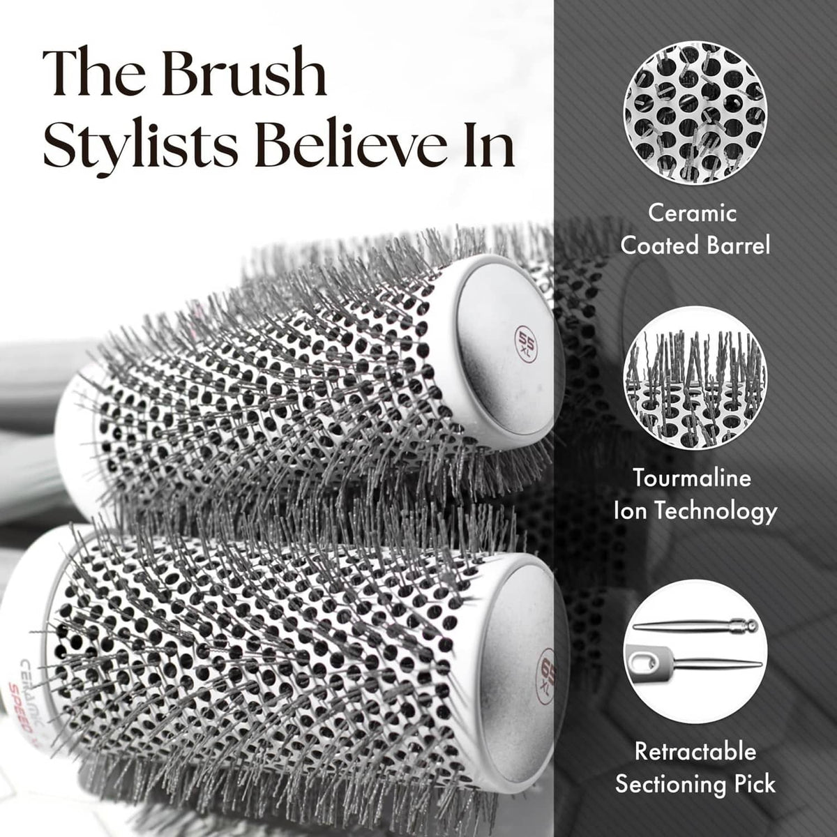 Ceramic-coated barrel hair brush with dense bristle tips and grey handle.