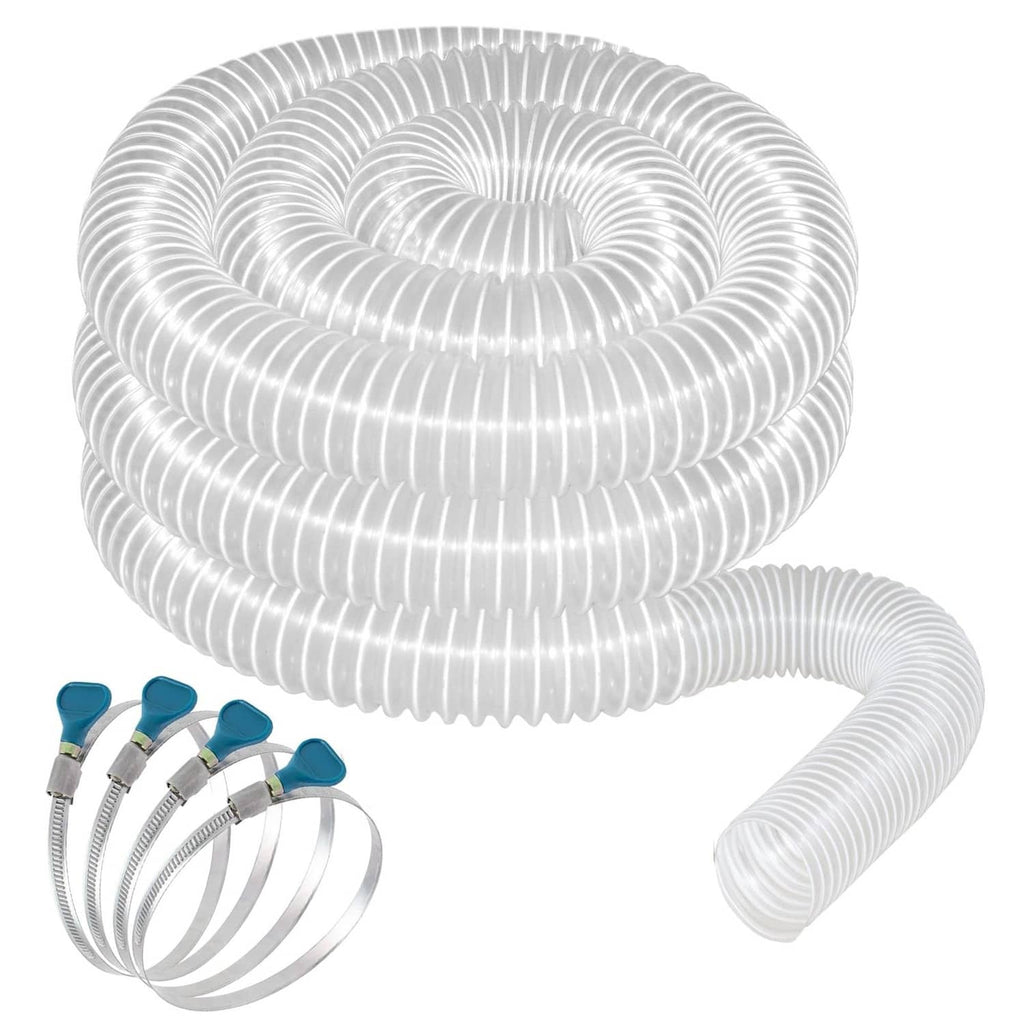Clear PVC dust collection hose coil with multiple blue clamp fittings and corrugated outlet