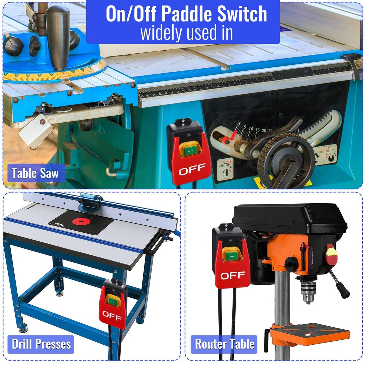 On/off paddle switch with red OFF button and power cords for workshop machines