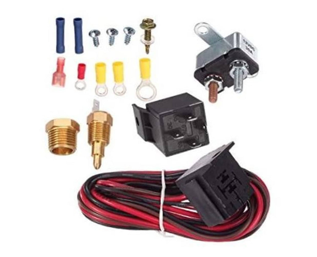 Electric fan relay kit with thermostat switch, wires, and mounting hardware set