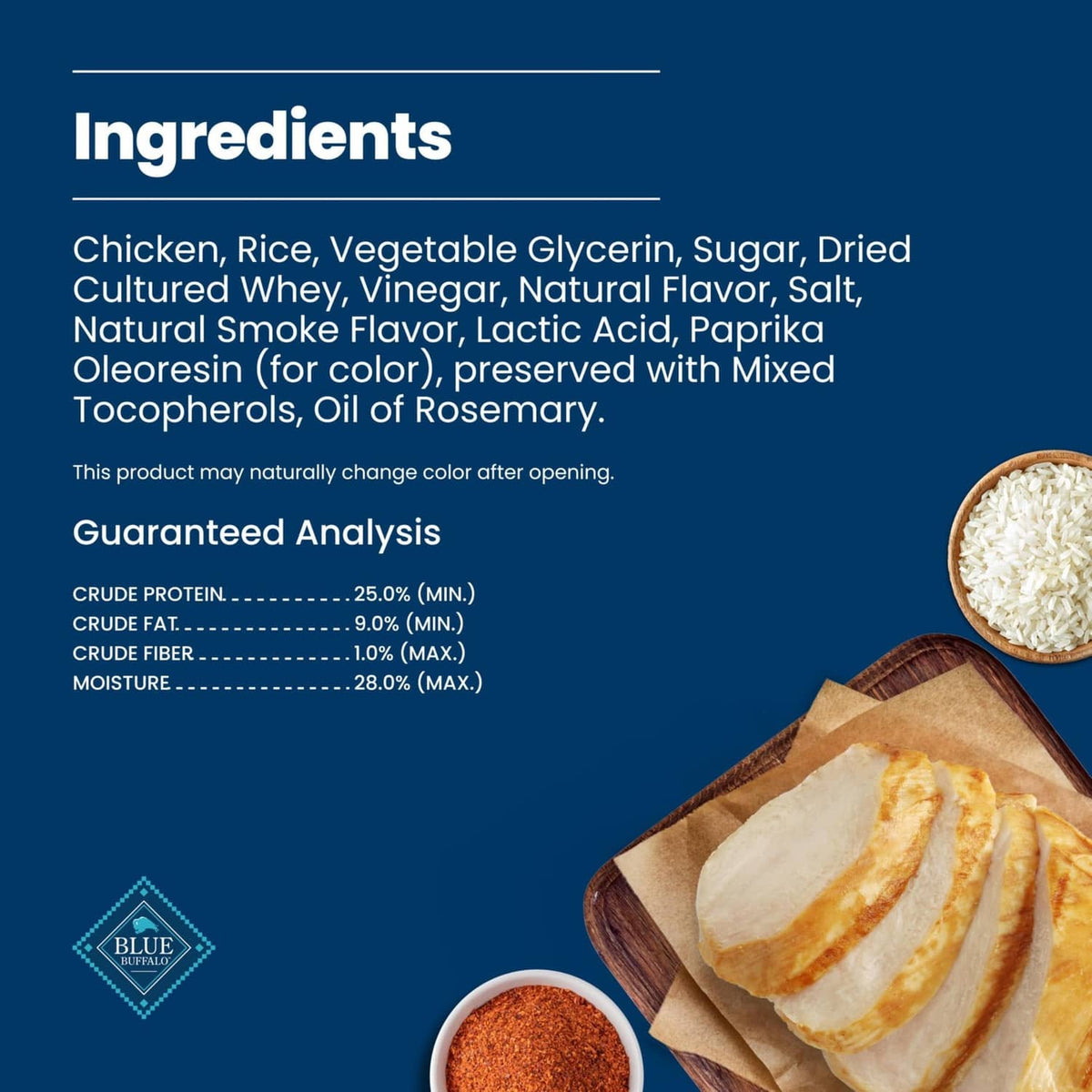 Blue Buffalo Nudges ingredient panel with chicken jerky slices and pouch corner