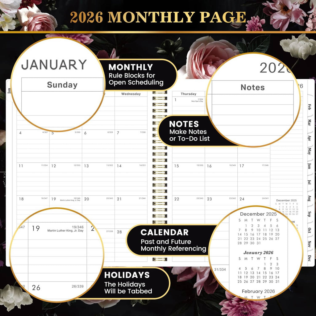 2026 monthly page with January header, calendar grid, and notes sections on planner