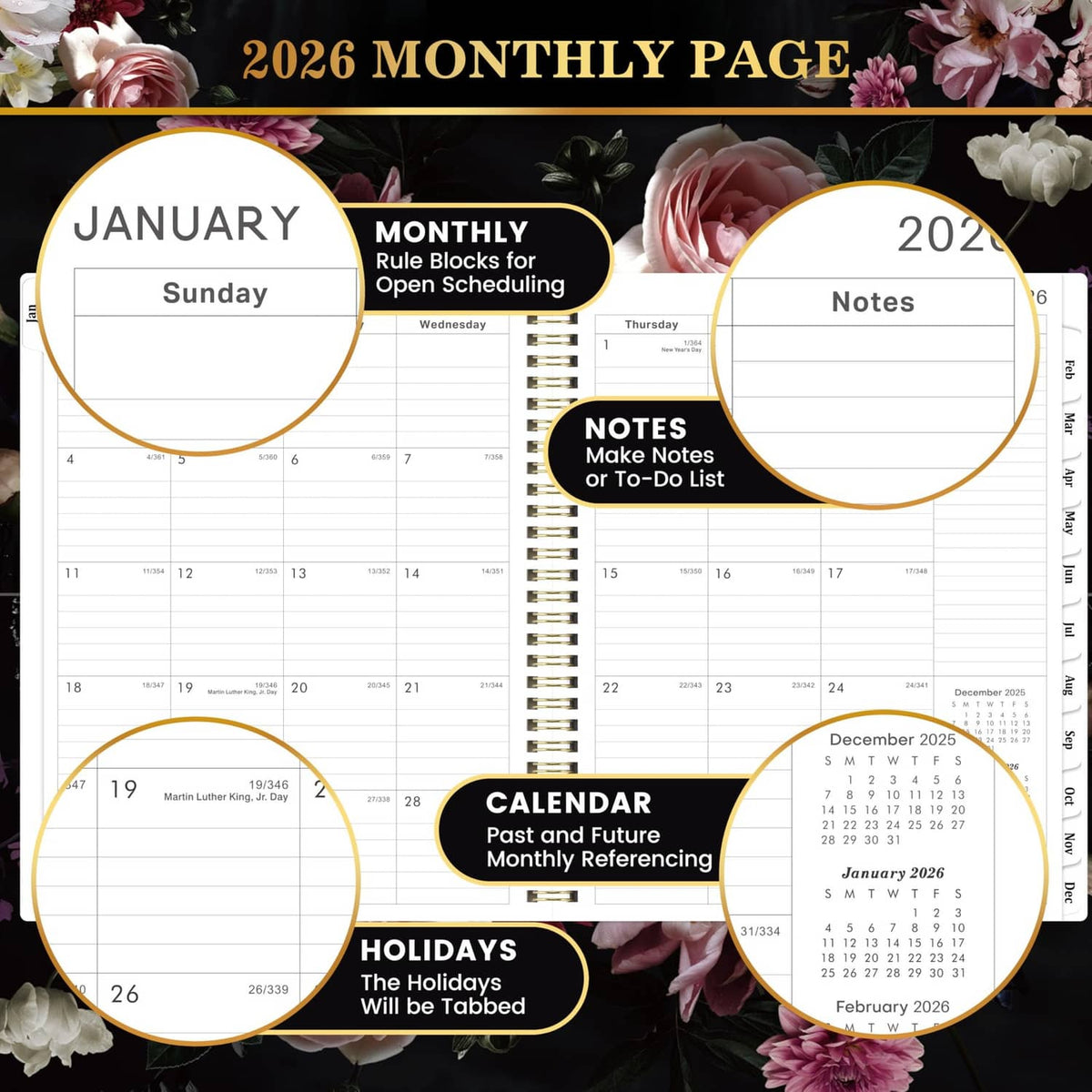 2026 monthly page with January header, calendar grid, and notes sections on planner
