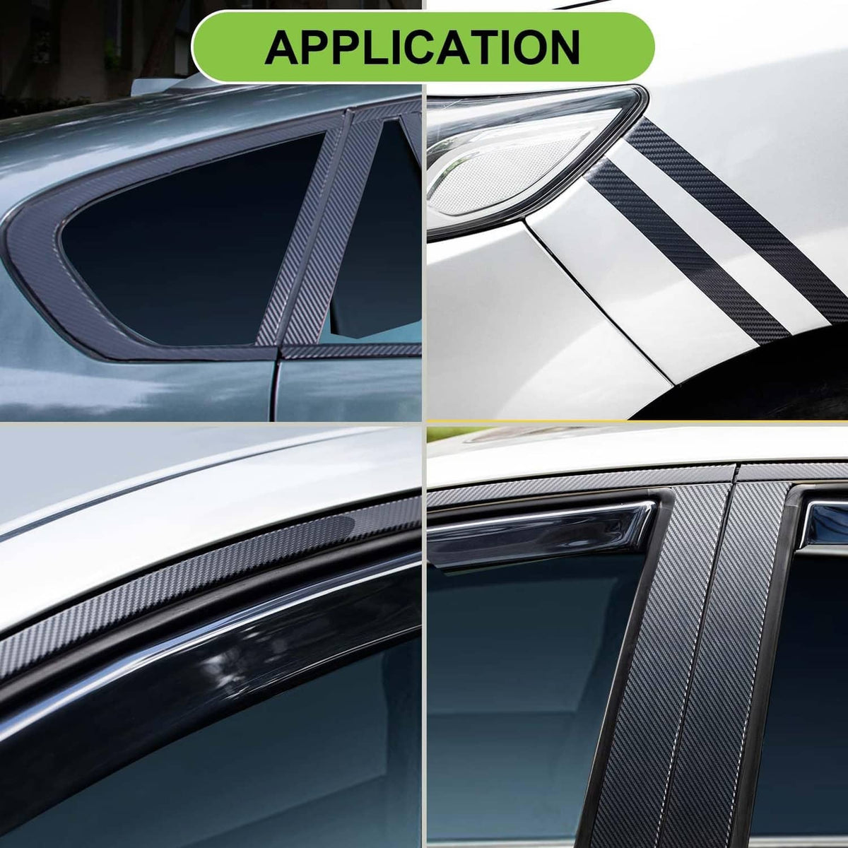 Carbon fiber vinyl wrap strips applied along a car panel edge with diagonal weave pattern