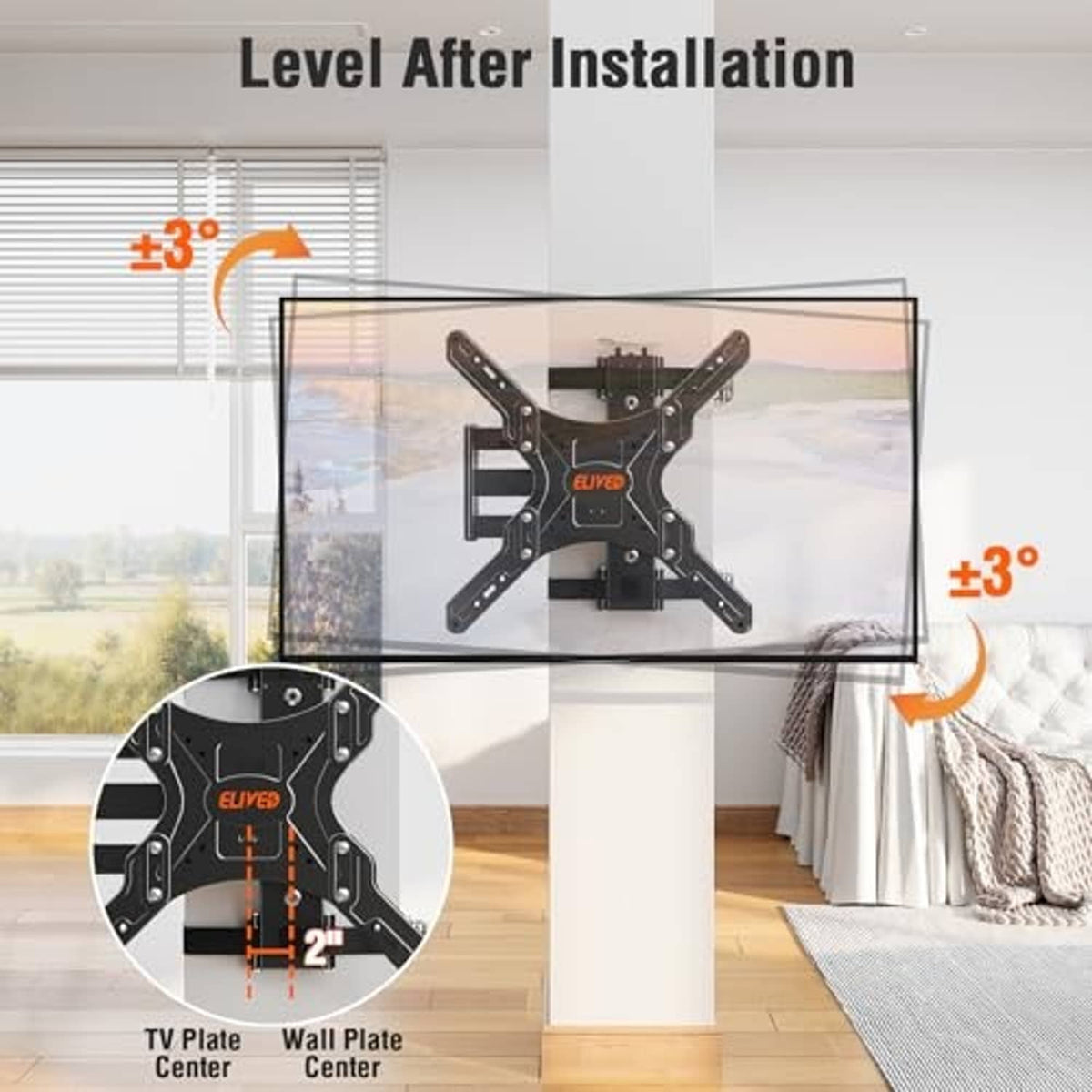 Outdoor pillar TV mount with level adjustment and wall mounting plate center