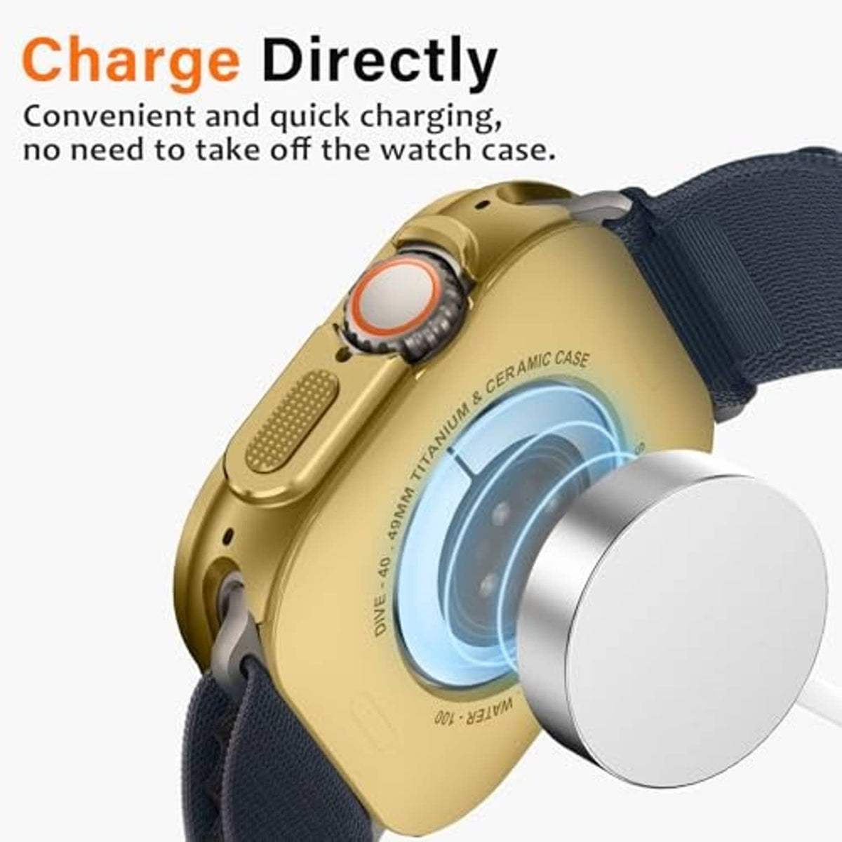 Gold metal watch case showing direct charging port opening on dark fabric strap