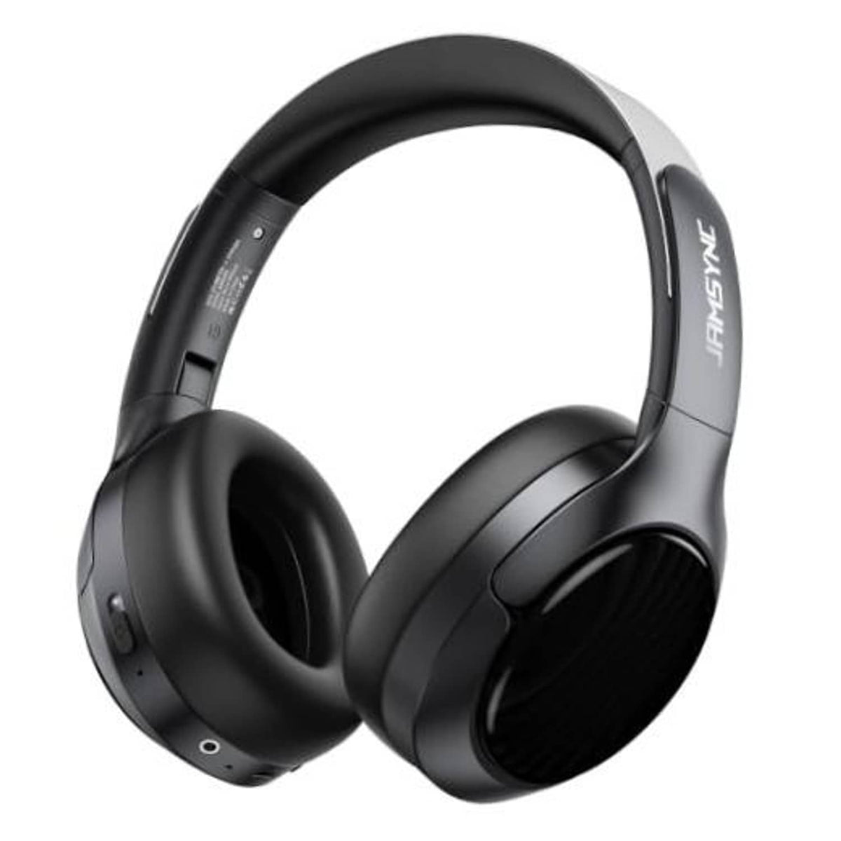 Black over-ear wireless noise cancelling headphones, angled front view