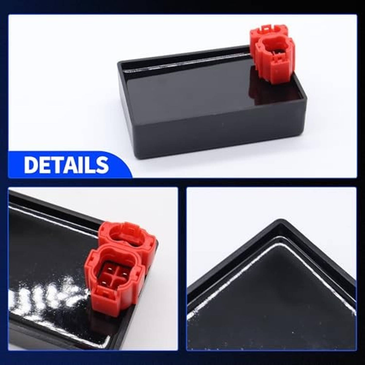 Black CDI module box with red connector plug and glossy internal wiring channel