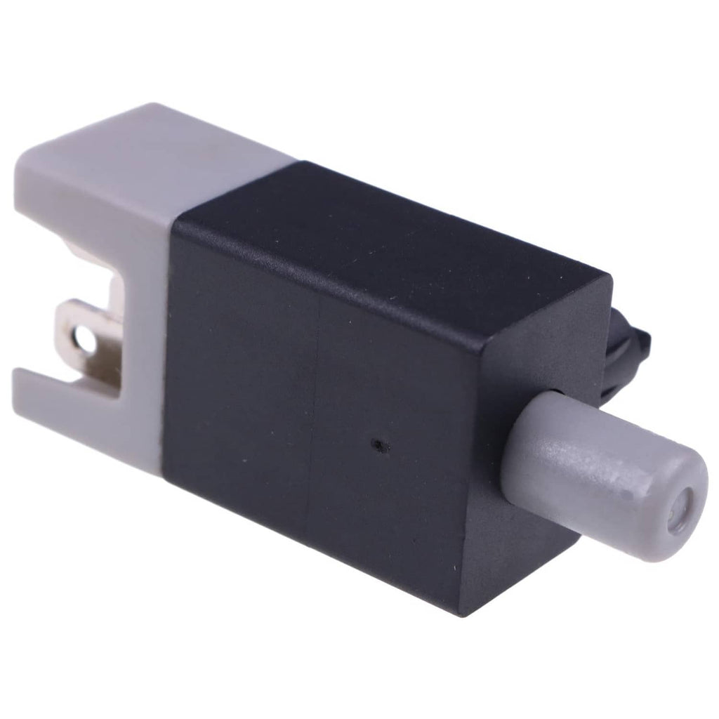 Black and gray plunger interlock switch with two rear metal terminals