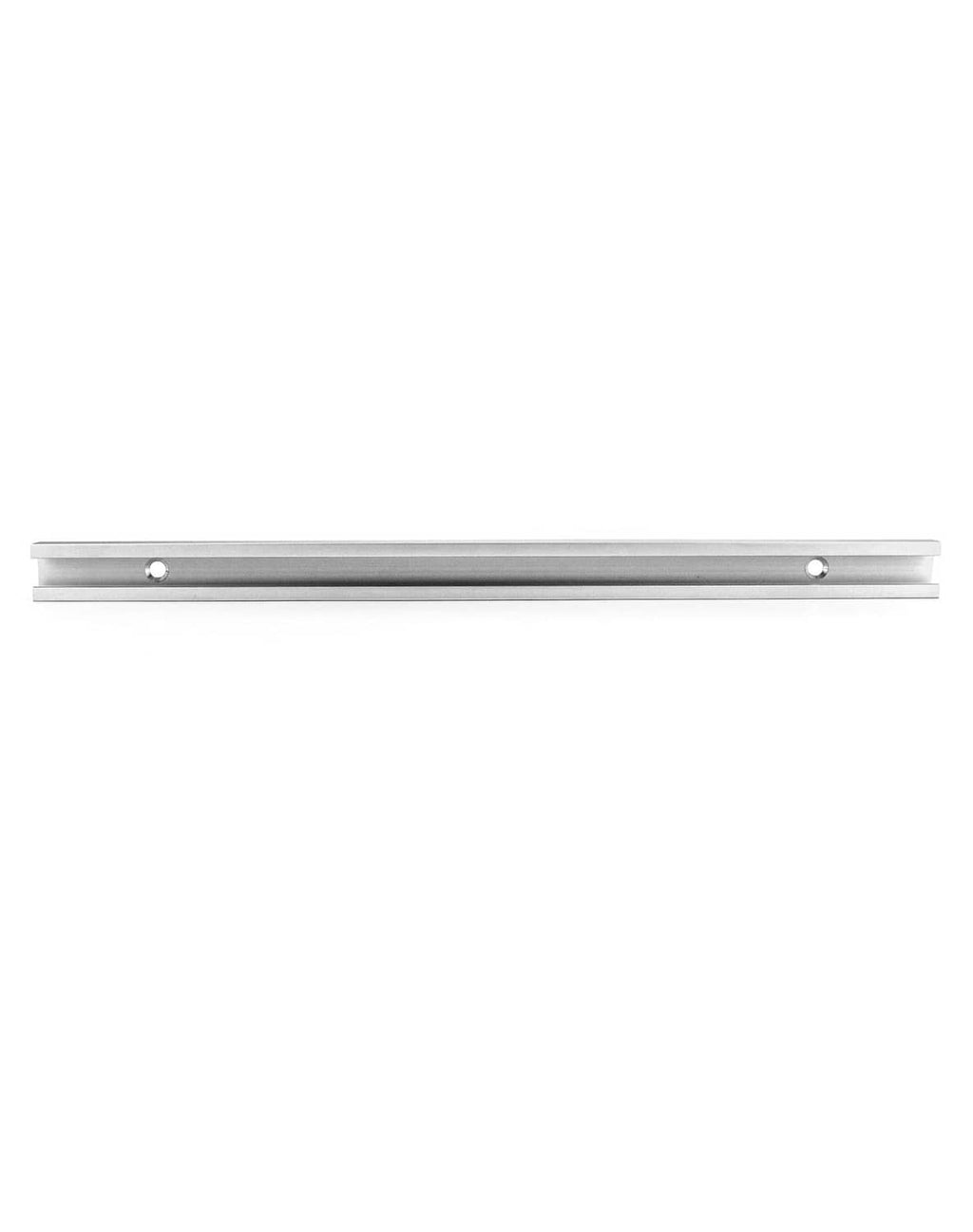 Silver aluminum T-track rail side view with long channel and mounting holes