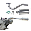 Silver exhaust header pipe with cylindrical muffler and mounting hardware