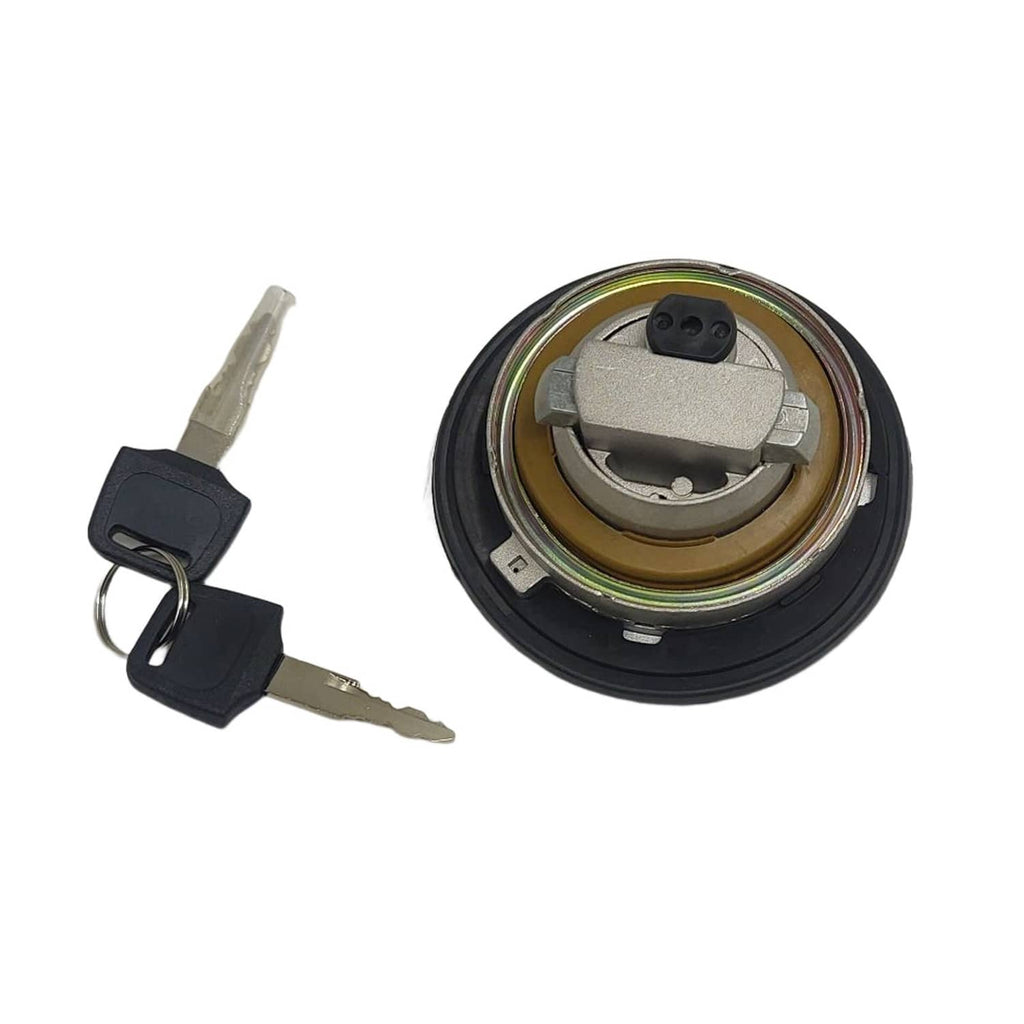 Fuel tank cap top view with internal lock parts visible and two keys