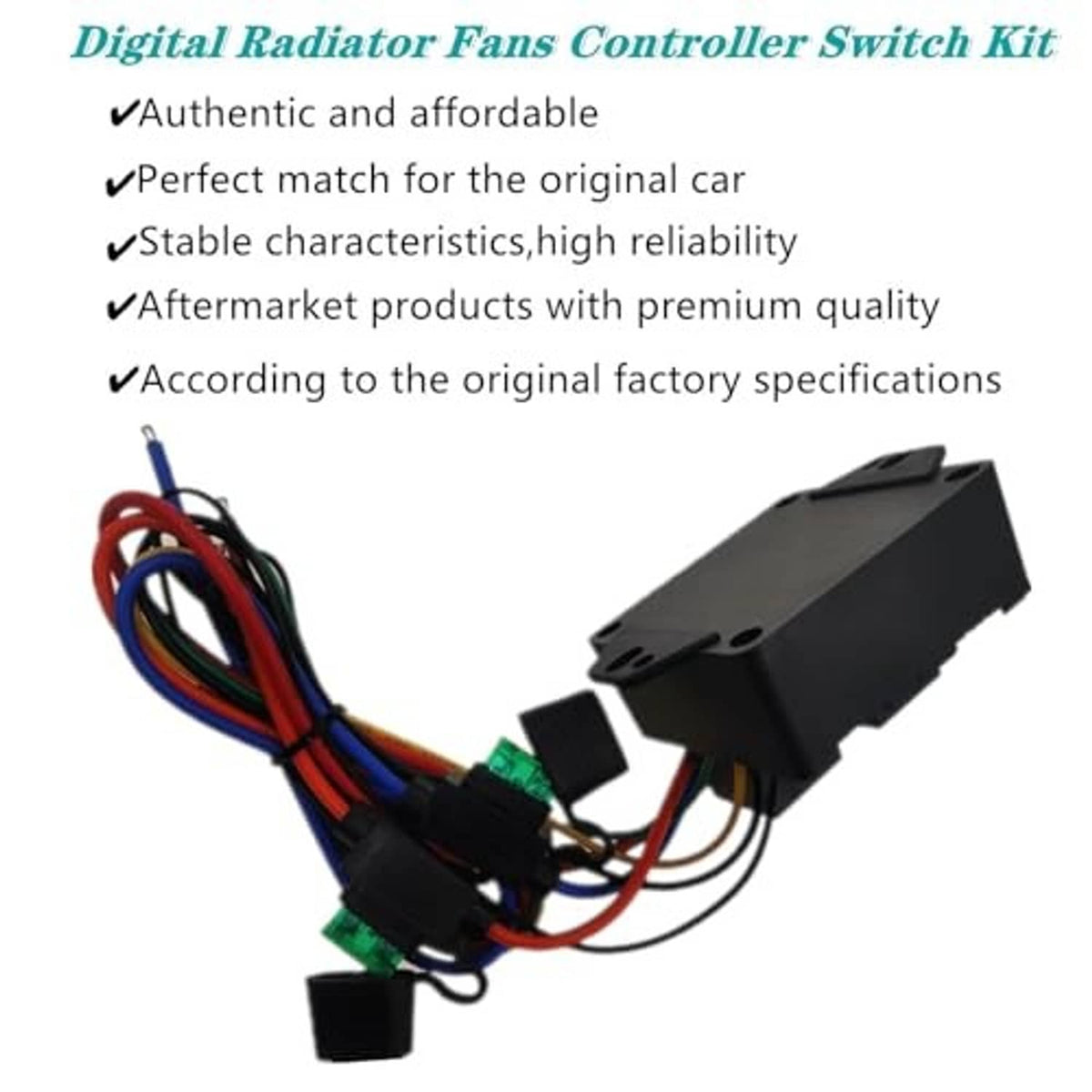 Radiator fan controller switch kit with black control module and bundled cable harness