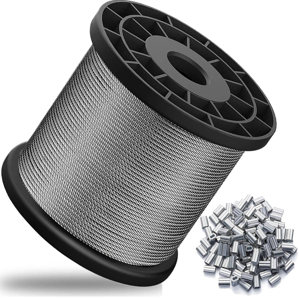 Stainless wire rope spool with 150 crimping sleeves, silver