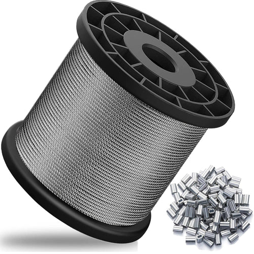 Stainless wire rope spool with 150 crimping sleeves, silver