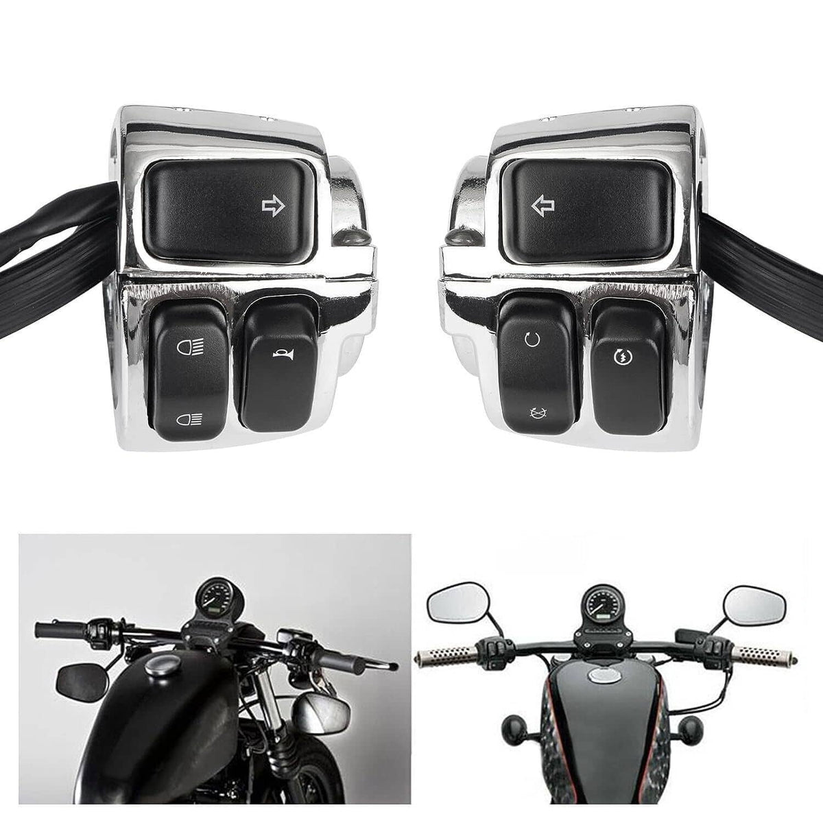 Motorcycle handlebar control switch pair with chrome housings and black button modules