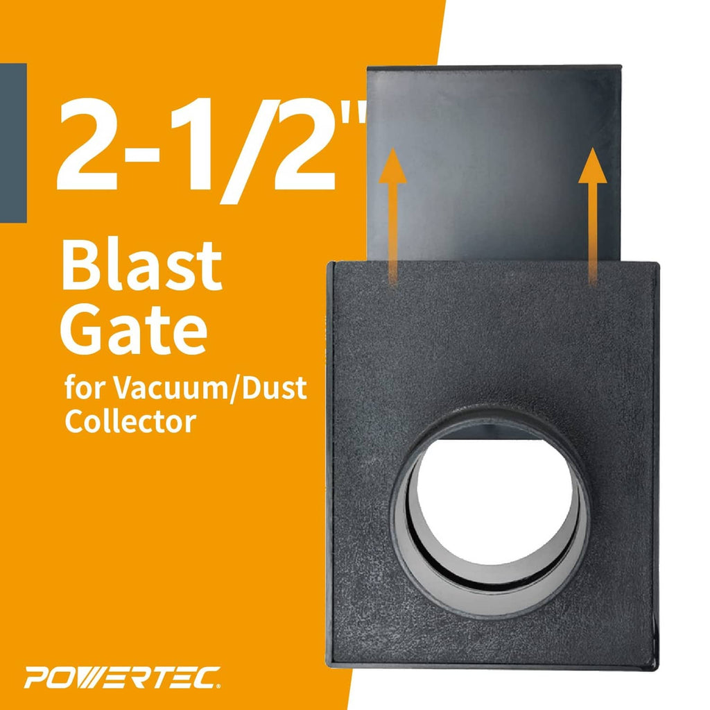 Powertec blast gate with circular inlet and hinged sliding plate, dark ABS
