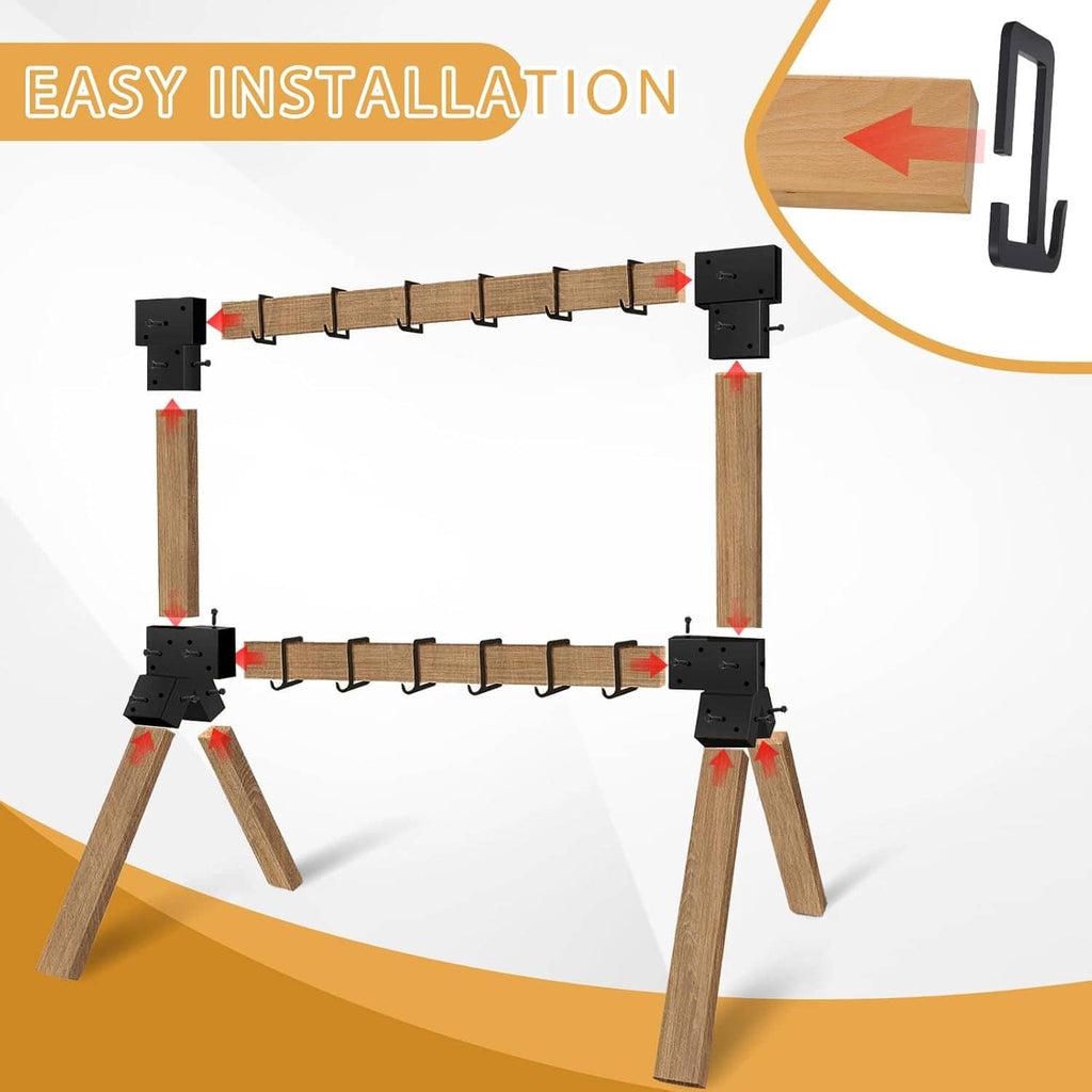 Wood target stand bracket frame with black connectors and 12 hanger hooks on stakes