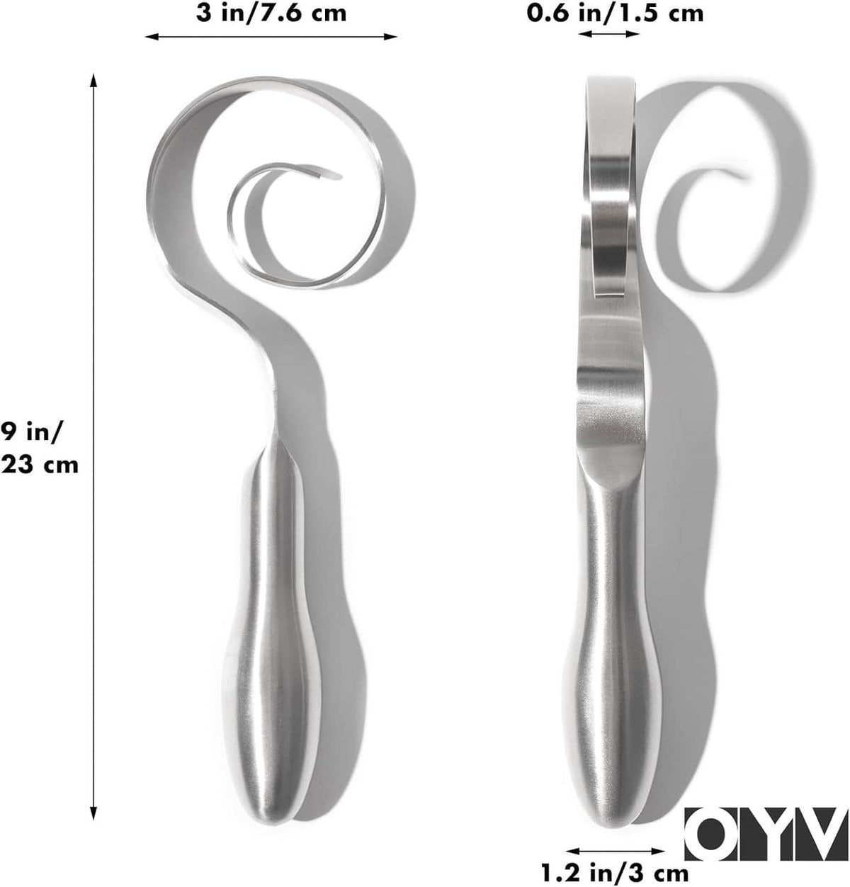 Stainless steel dough whisk size diagram showing 9 in length and loop head width