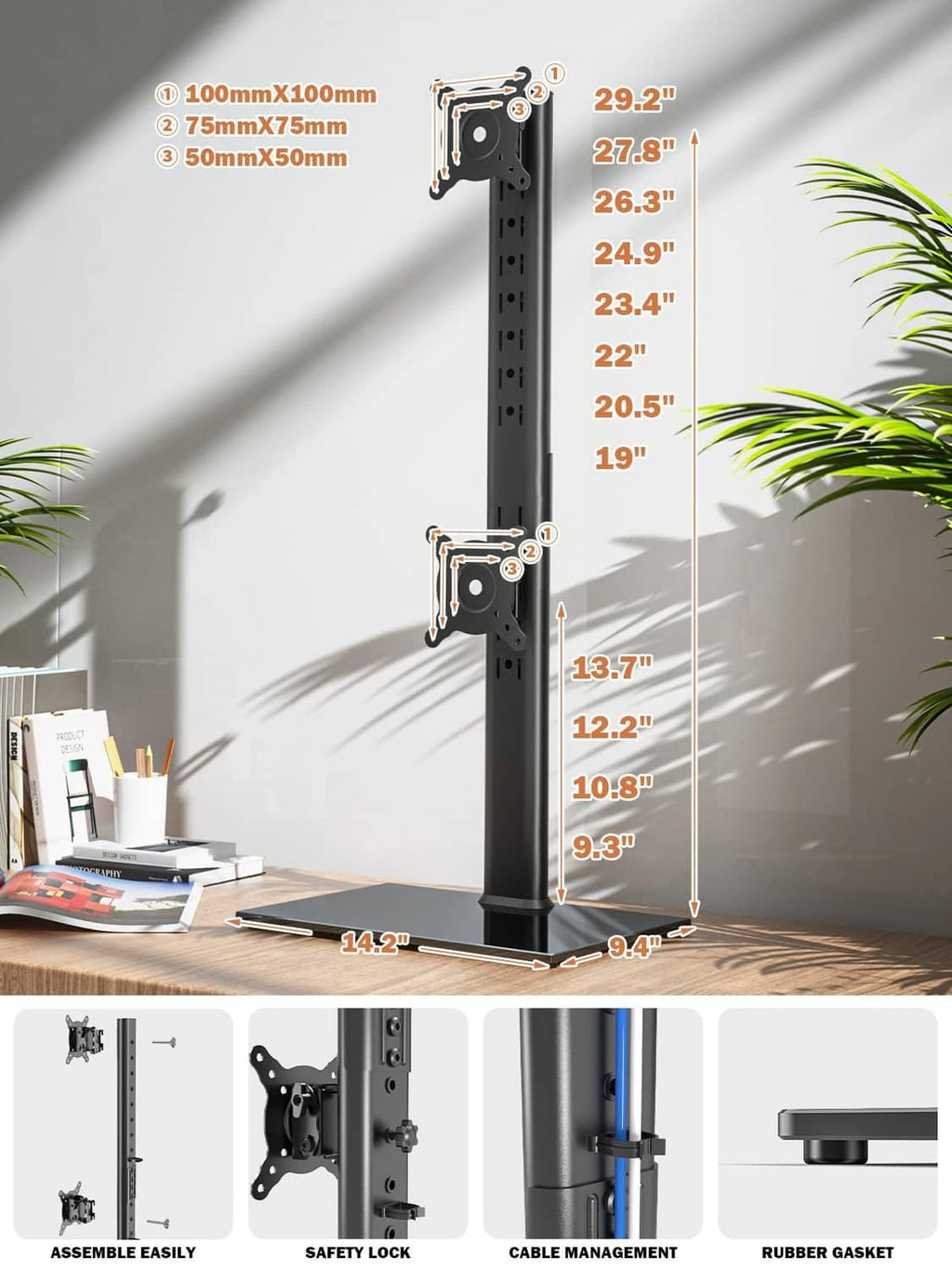 Vertical monitor stand with VESA arms, cable management, and size diagram