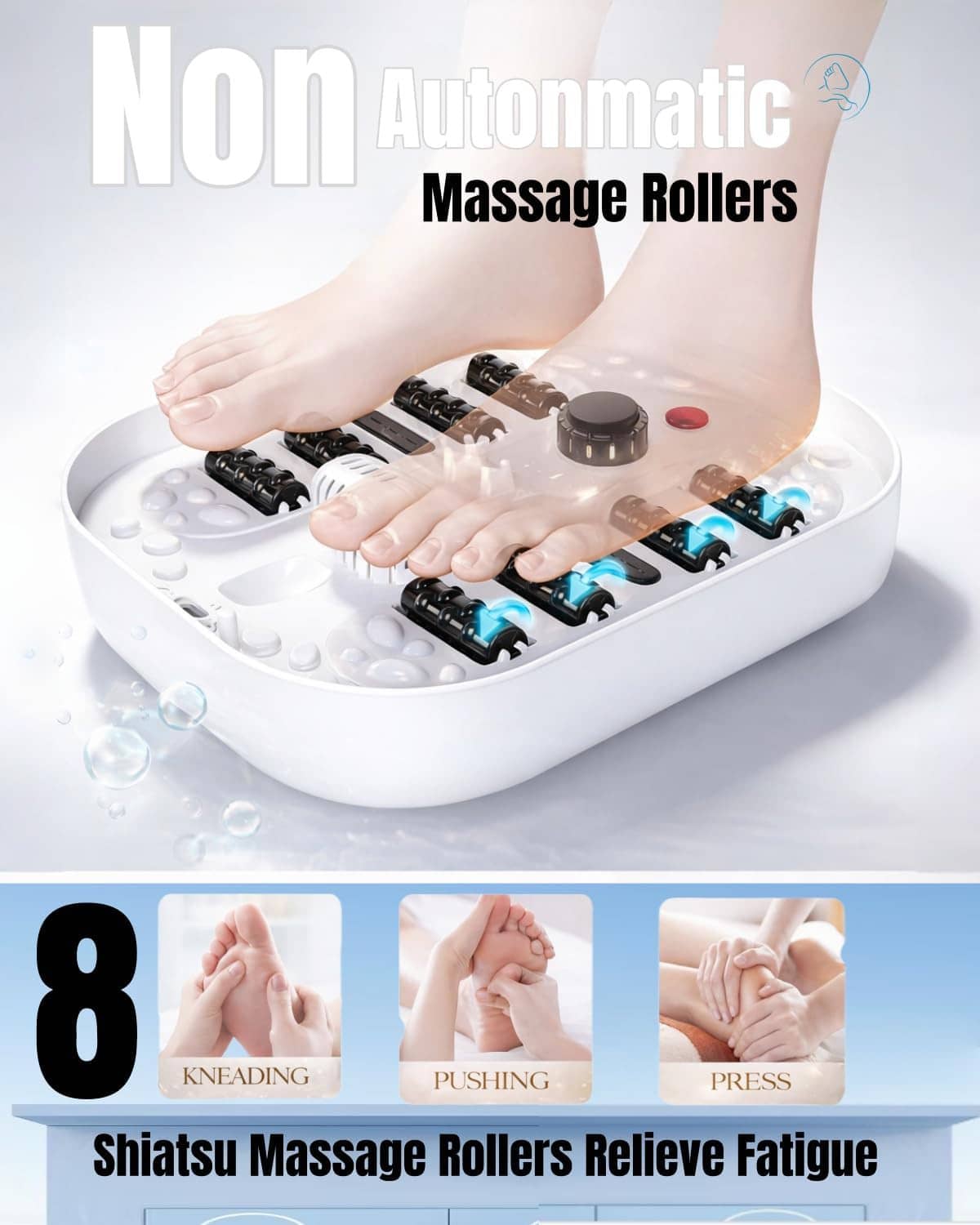 Heated foot spa basin with built-in shiatsu massage rollers and control knobs
