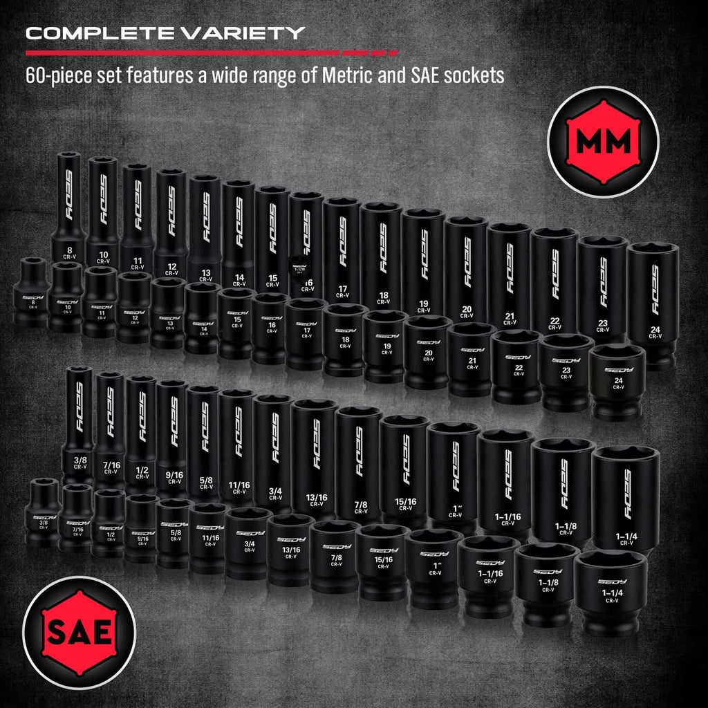 Assorted black impact sockets set with metric and SAE sizes in organized rows