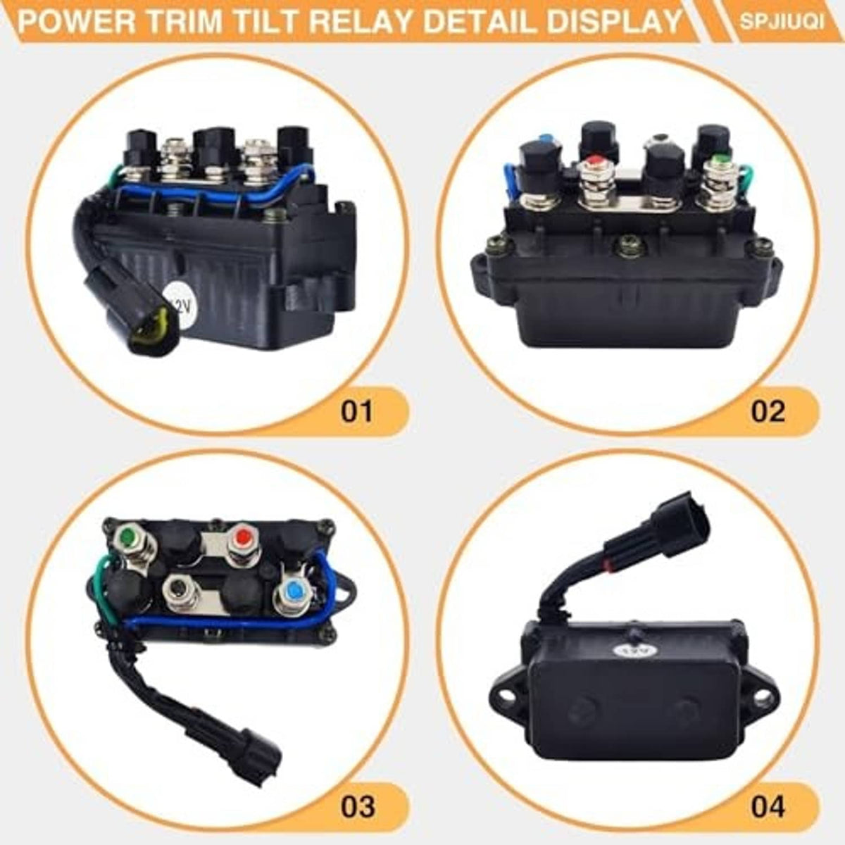 12V power trim tilt relay detail views showing terminals, plug, and wires