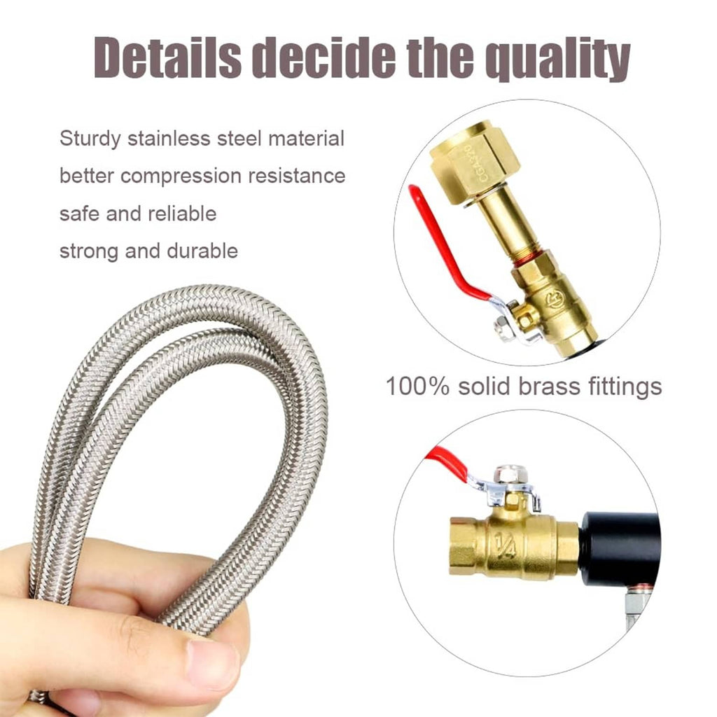 Braided metal hose with solid brass fittings and red-handled valve on CO2 adapter